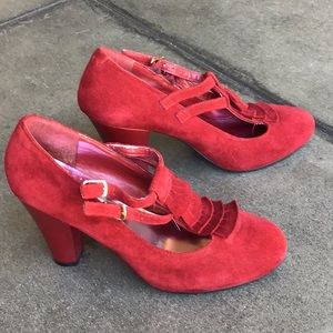 Red Suede Ruffled T Strap Heels